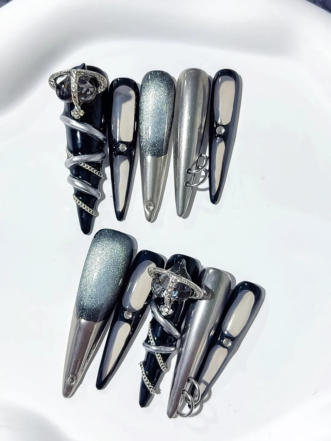 Black Silver Nude Metallic Glitter Ring Metallic Accent 3D press on nails close up