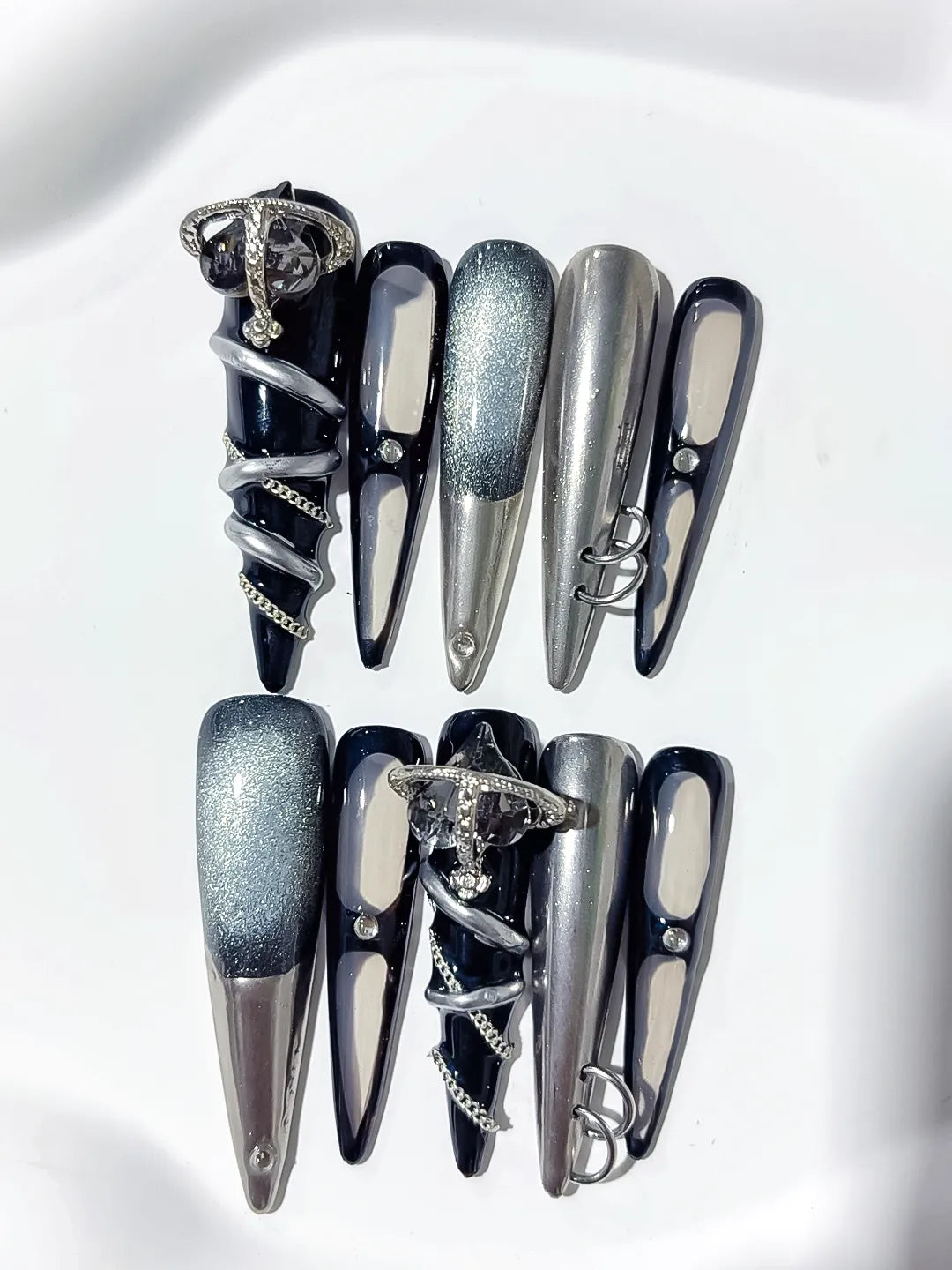 Black Silver Nude Metallic Glitter Ring Metallic Accent 3D press on nails detail view