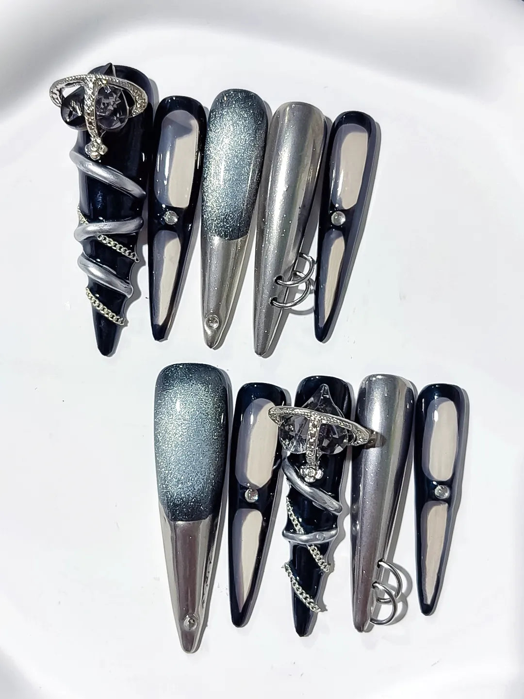Black Silver Nude Metallic Glitter Ring Metallic Accent 3D press on nails detail view