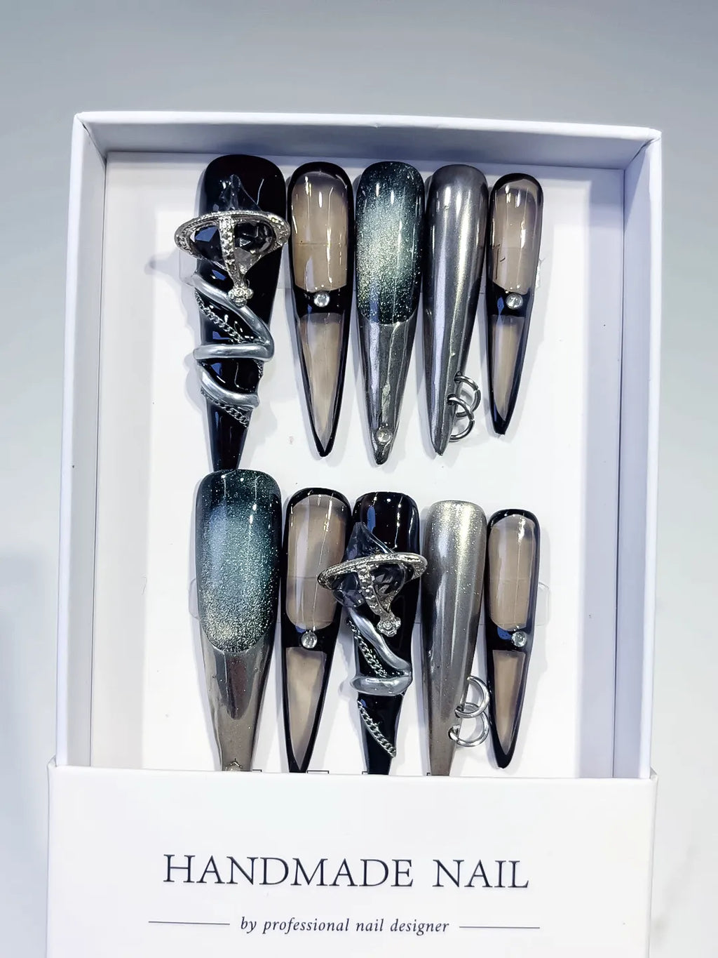 Black Silver Nude Metallic Glitter Ring Metallic Accent 3D press on nails full set view