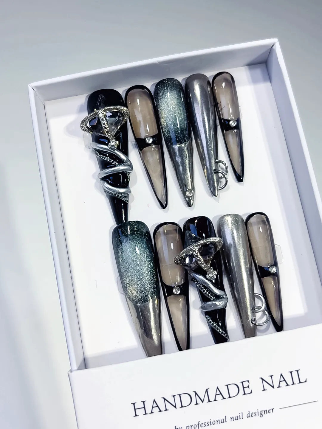 Black Silver Nude Metallic Glitter Ring Metallic Accent 3D press on nails angled view