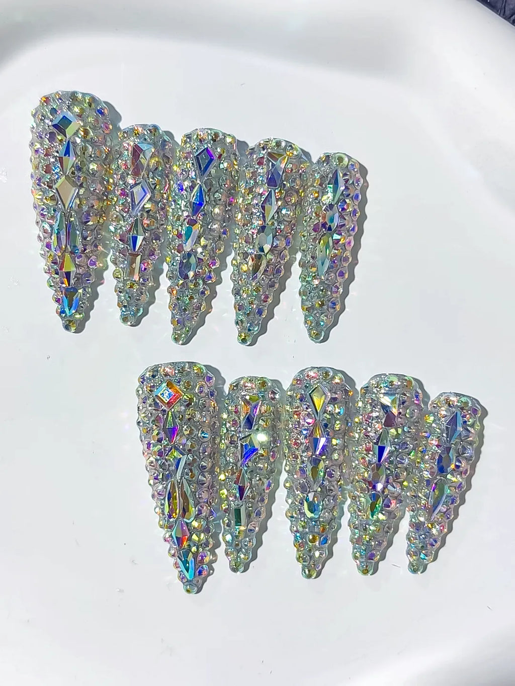 Silver Multicolor Solid color Rhinestone Crystal Cluster press on nails close up