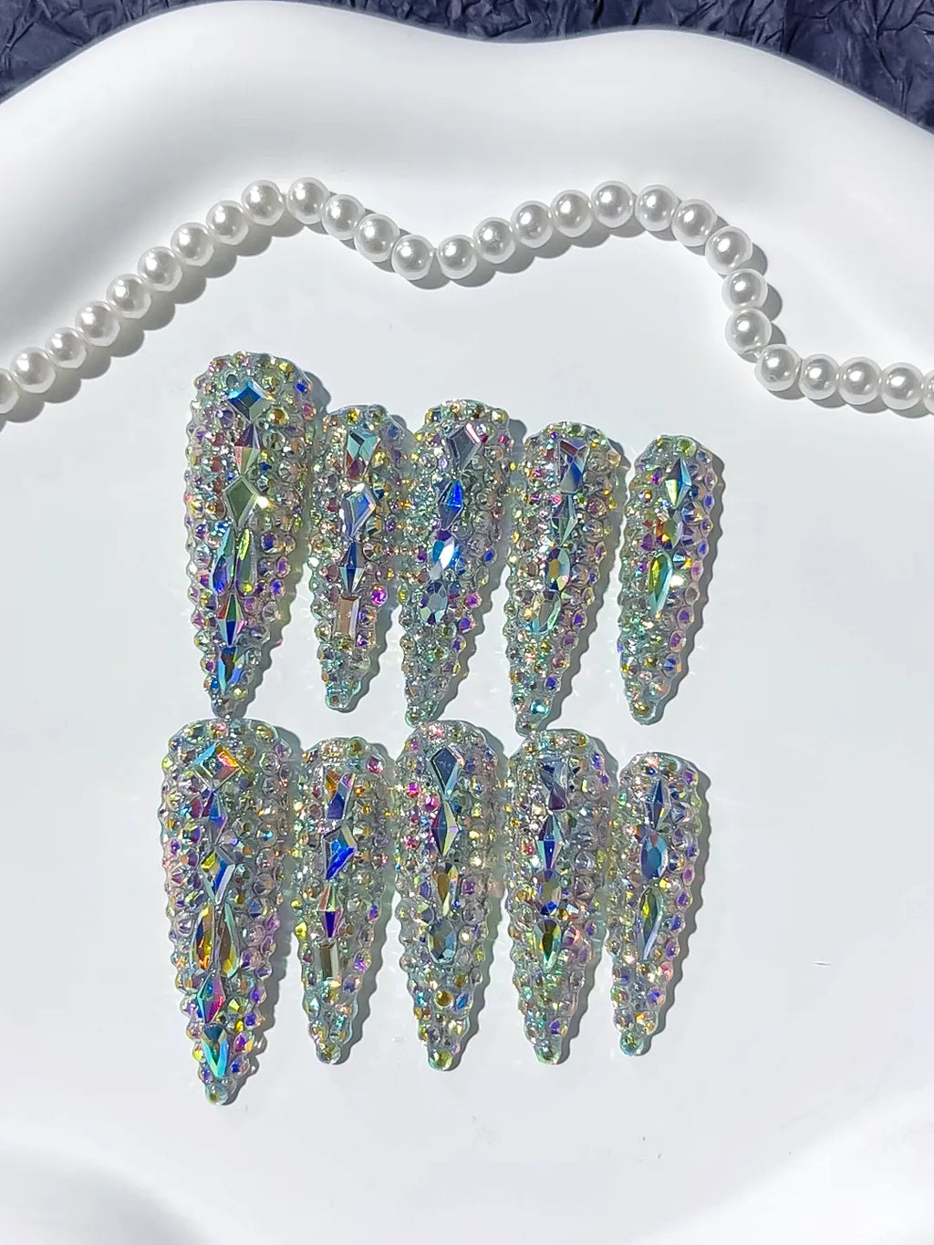 Silver Multicolor Solid color Rhinestone Crystal Cluster press on nails detail view