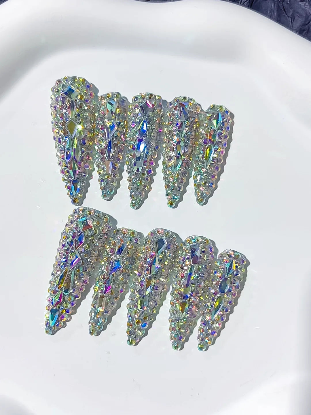 Silver Multicolor Solid color Rhinestone Crystal Cluster press on nails detail view