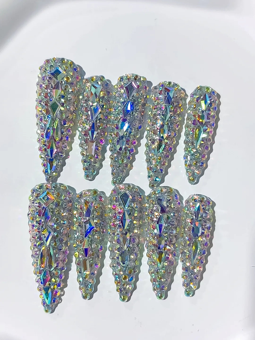 Silver Multicolor Solid color Rhinestone Crystal Cluster press on nails detail view