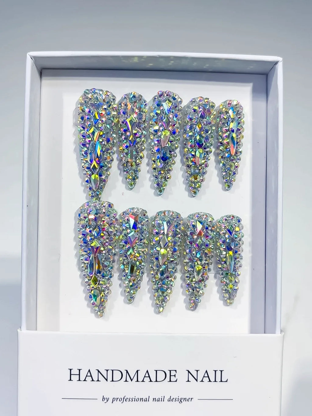 Silver Multicolor Solid color Rhinestone Crystal Cluster press on nails full set view