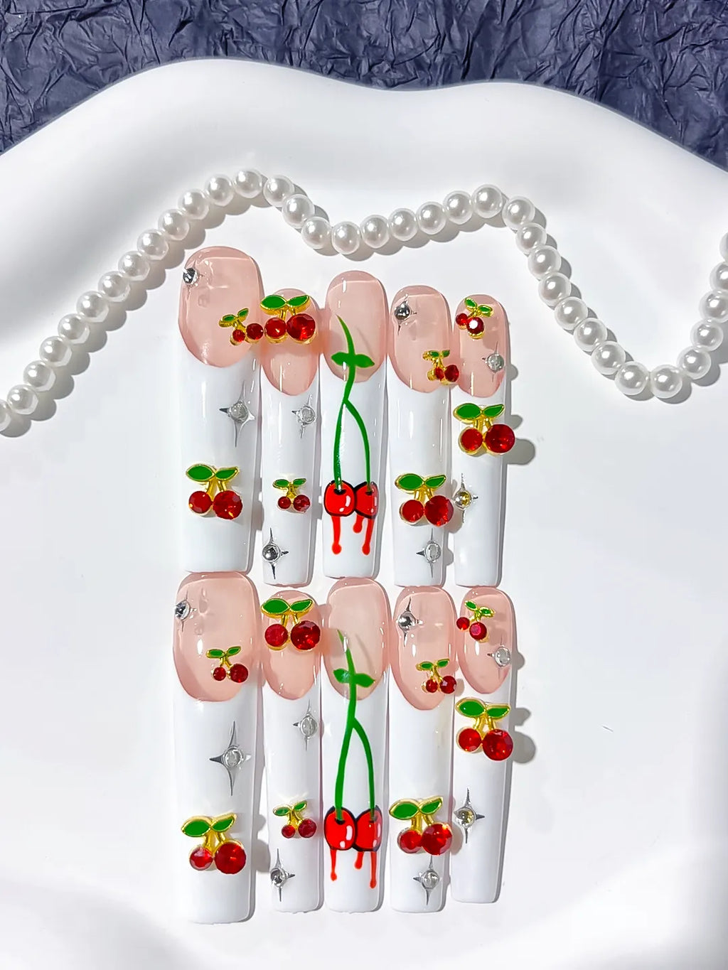 White Nude Red Green Silver Floral Cherry Rhinestone press on nails close up