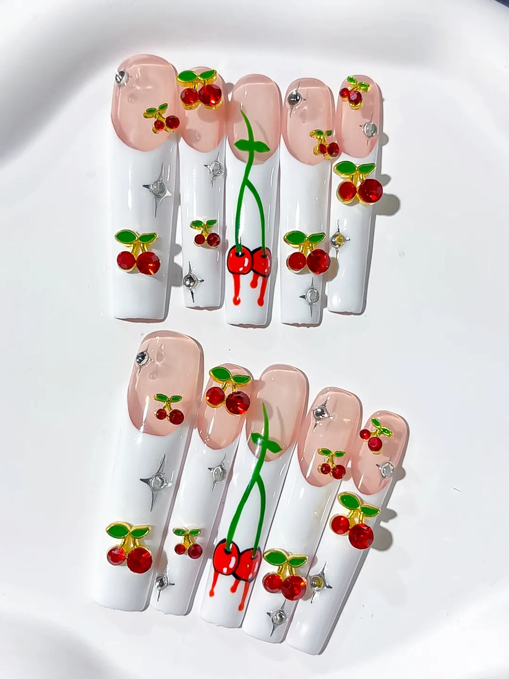 White Nude Red Green Silver Floral Cherry Rhinestone press on nails detail view