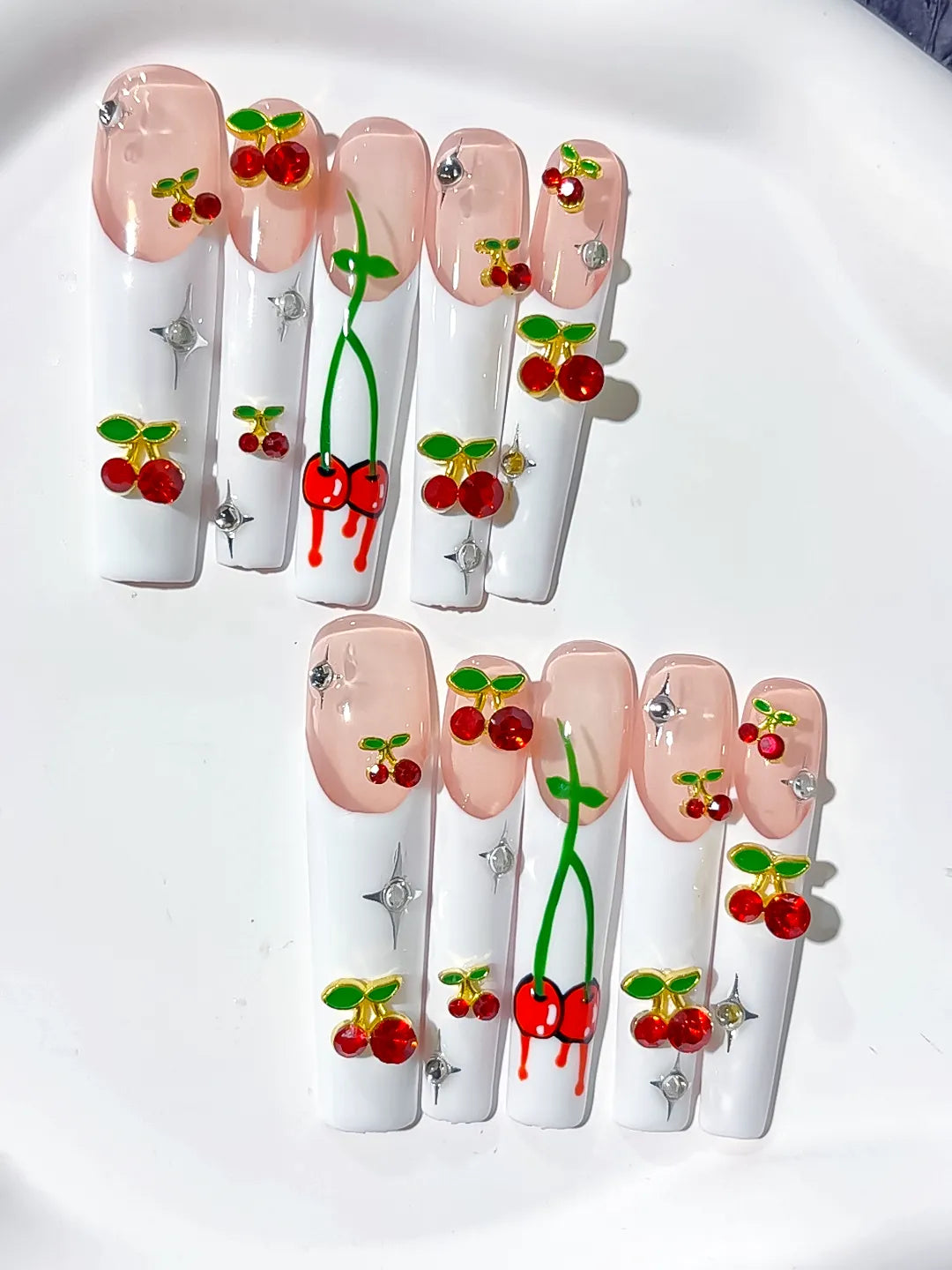 White Nude Red Green Silver Floral Cherry Rhinestone press on nails detail view
