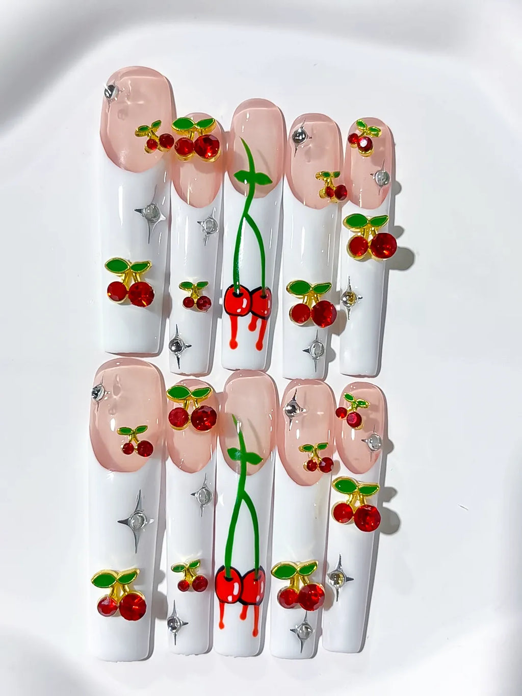 White Nude Red Green Silver Floral Cherry Rhinestone press on nails detail view