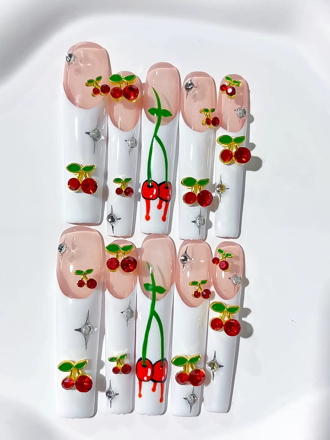 White Nude Red Green Silver Floral Cherry Rhinestone press on nails detail view