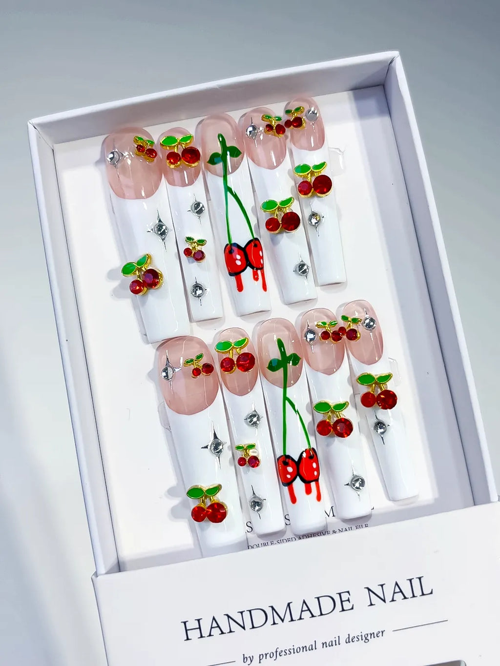White Nude Red Green Silver Floral Cherry Rhinestone press on nails angled view