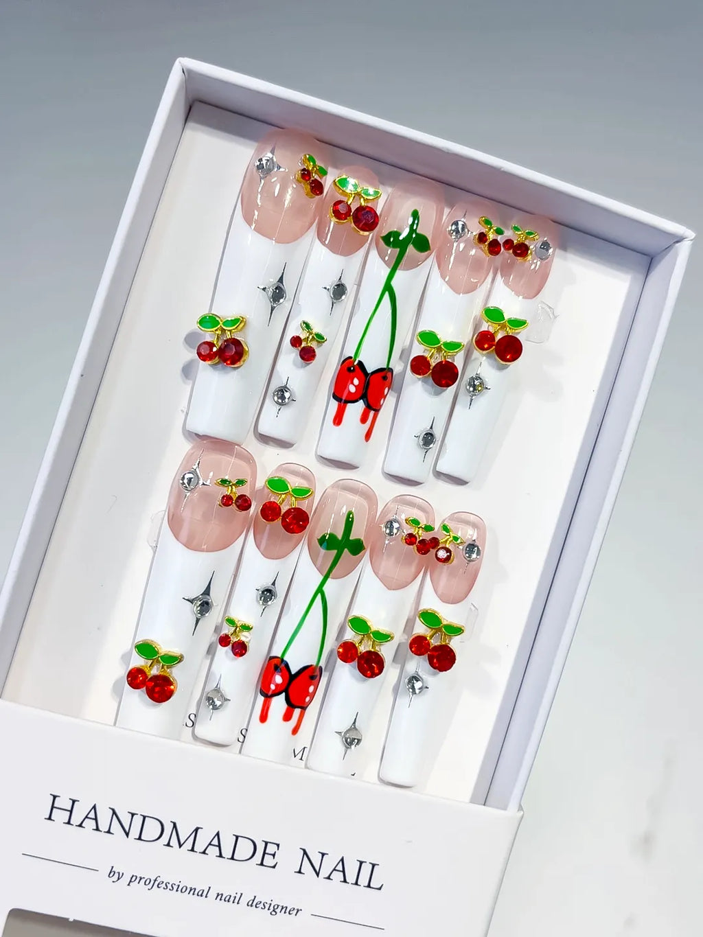 White Nude Red Green Silver Floral Cherry Rhinestone press on nails