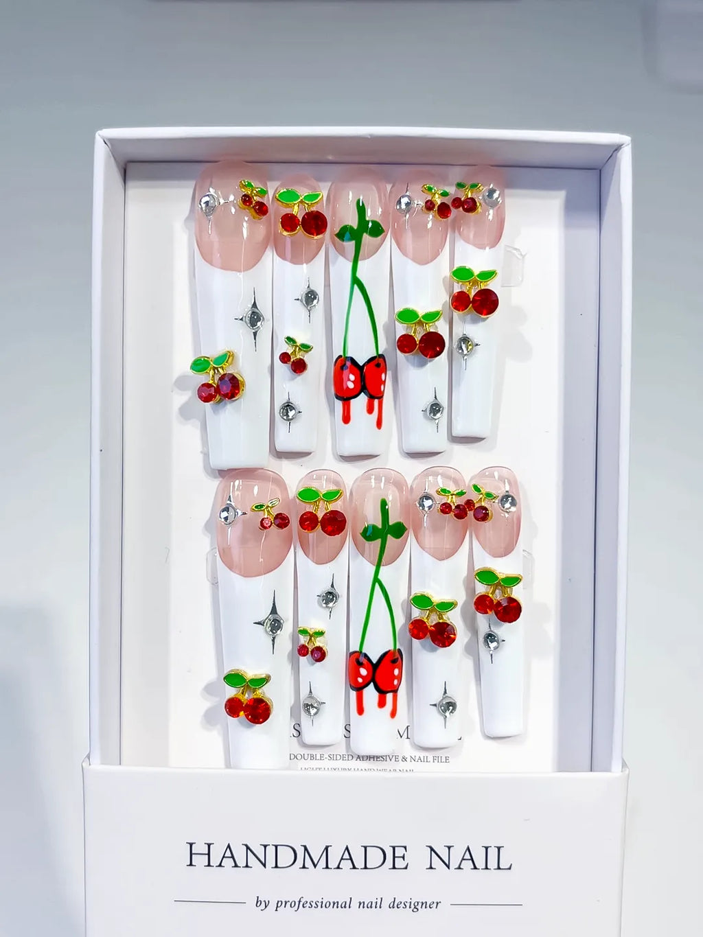 White Nude Red Green Silver Floral Cherry Rhinestone press on nails full set view