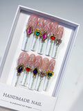 Nude White Gold Pink Blue Red Purple Brown Multicolor Solid color Rhinestone Heart Chain Crystal Cluster press on nails