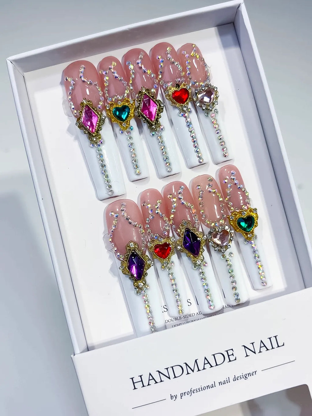 Nude White Gold Pink Blue Red Purple Brown Multicolor Solid color Rhinestone Heart Chain Crystal Cluster press on nails angled view