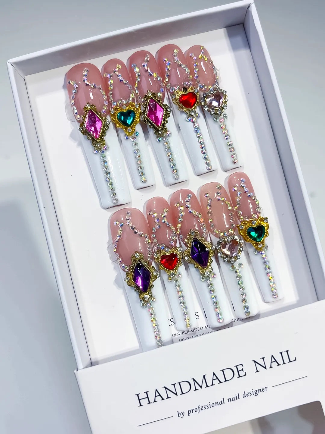 Nude White Gold Pink Blue Red Purple Brown Multicolor Solid color Rhinestone Heart Chain Crystal Cluster press on nails angled view