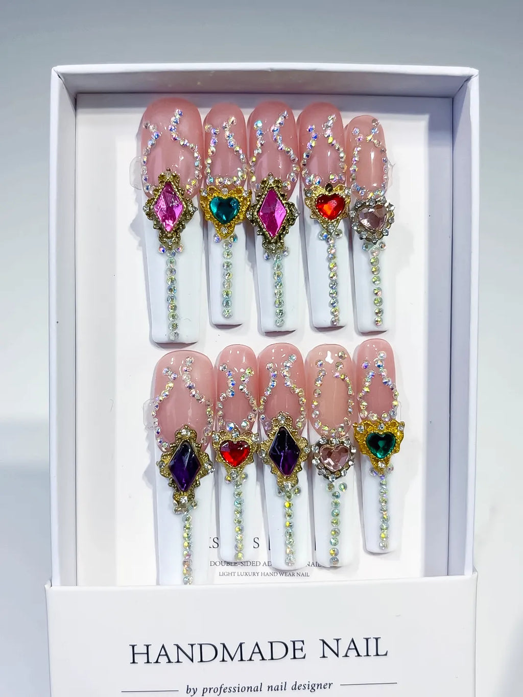 Nude White Gold Pink Blue Red Purple Brown Multicolor Solid color Rhinestone Heart Chain Crystal Cluster press on nails full set view