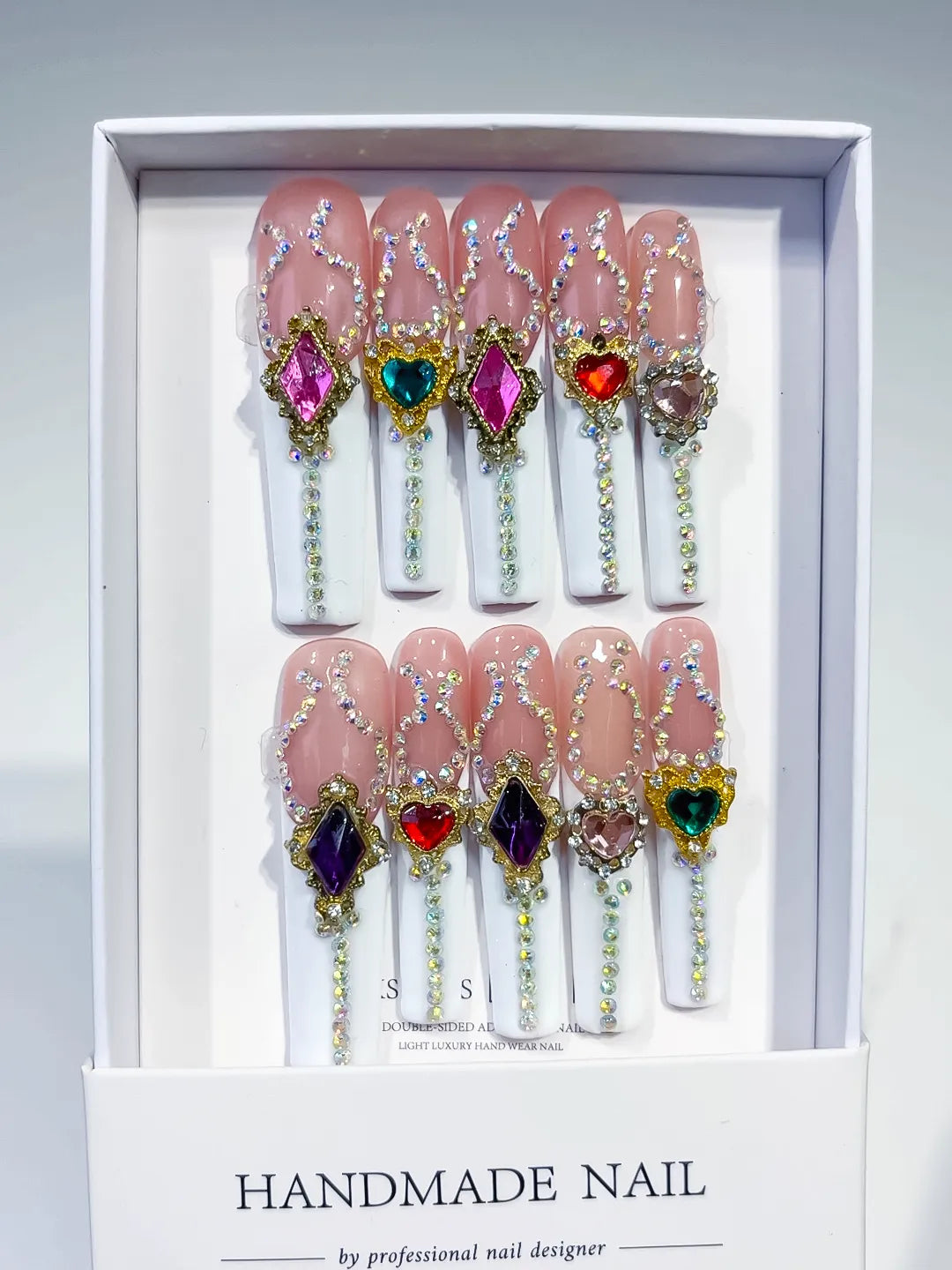 Nude White Gold Pink Blue Red Purple Brown Multicolor Solid color Rhinestone Heart Chain Crystal Cluster press on nails full set view