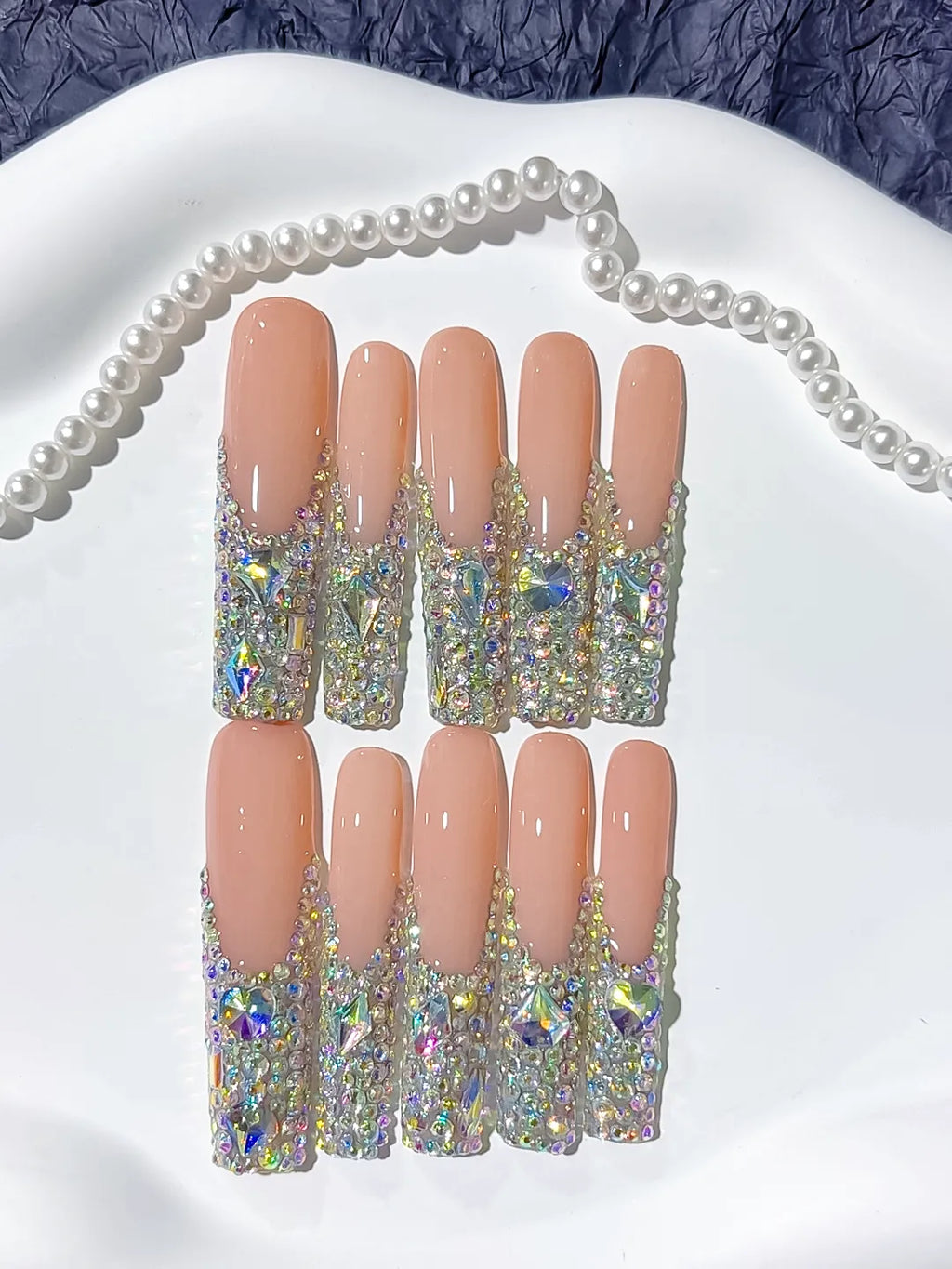 Nude Silver Multicolor Solid color Rhinestone Crystal Cluster press on nails close up