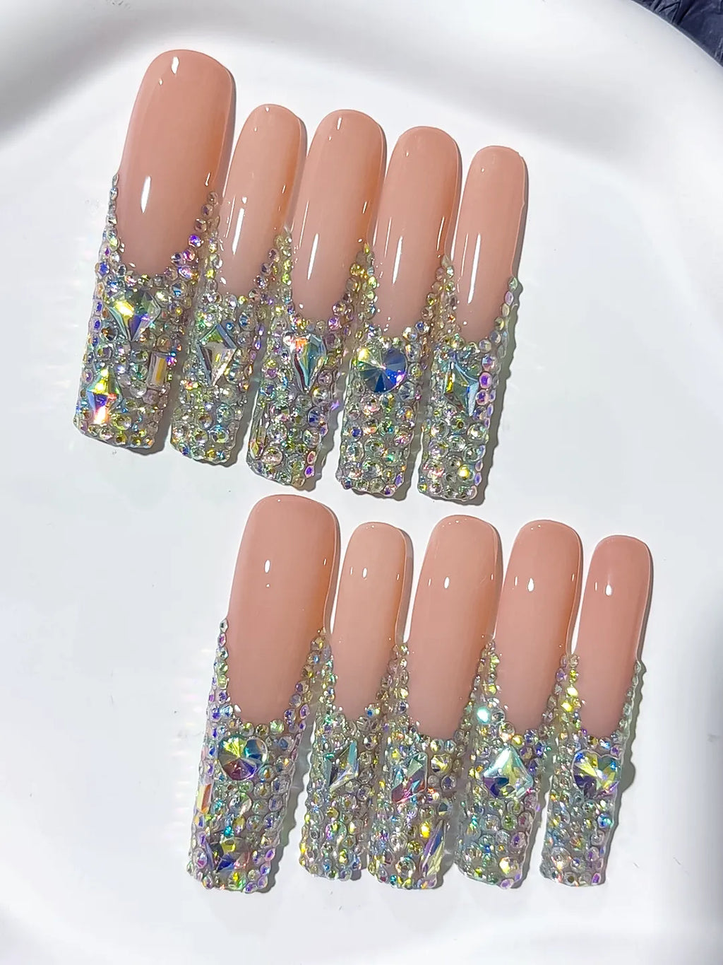 Nude Silver Multicolor Solid color Rhinestone Crystal Cluster press on nails detail view