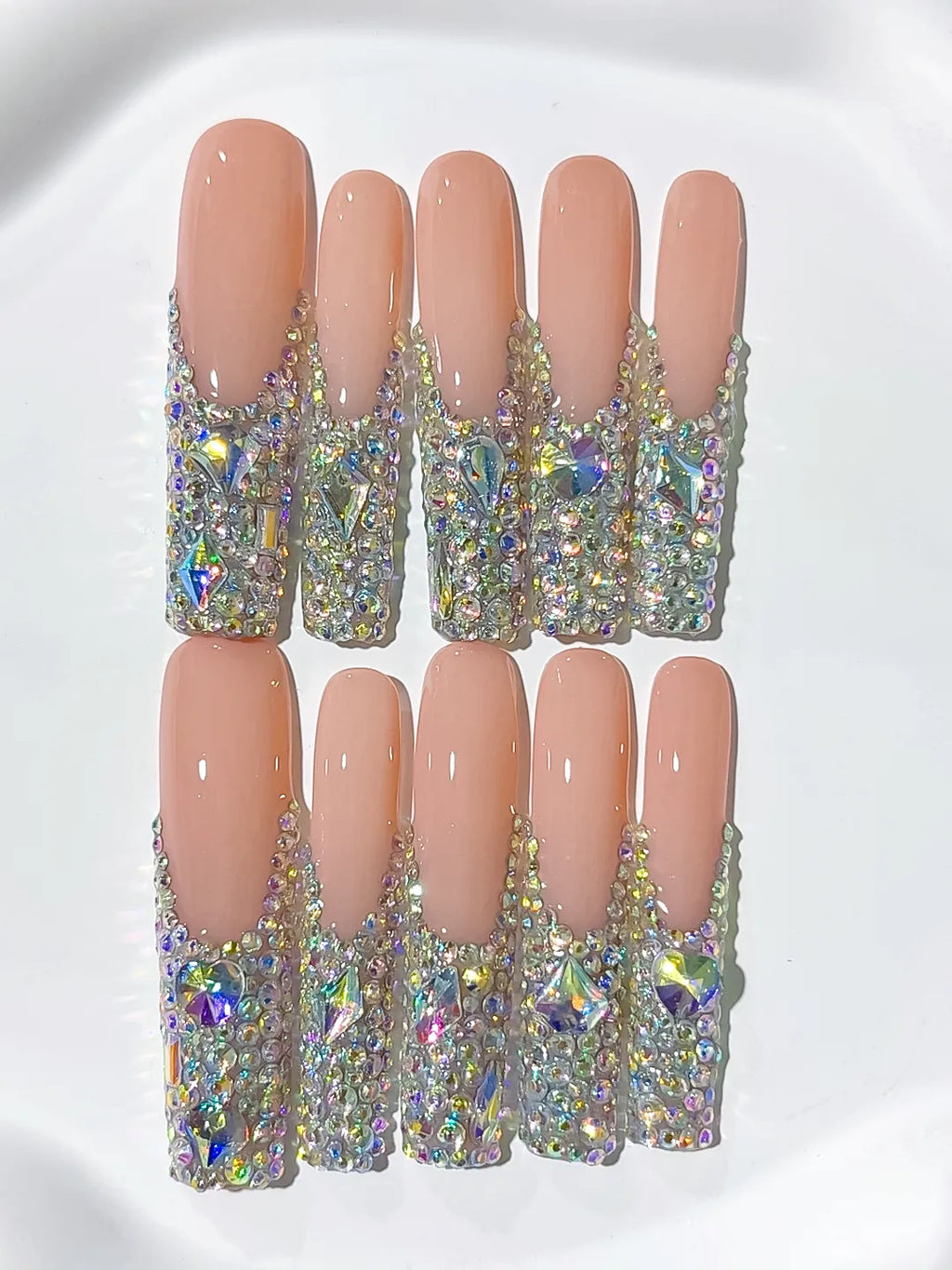 Nude Silver Multicolor Solid color Rhinestone Crystal Cluster press on nails detail view
