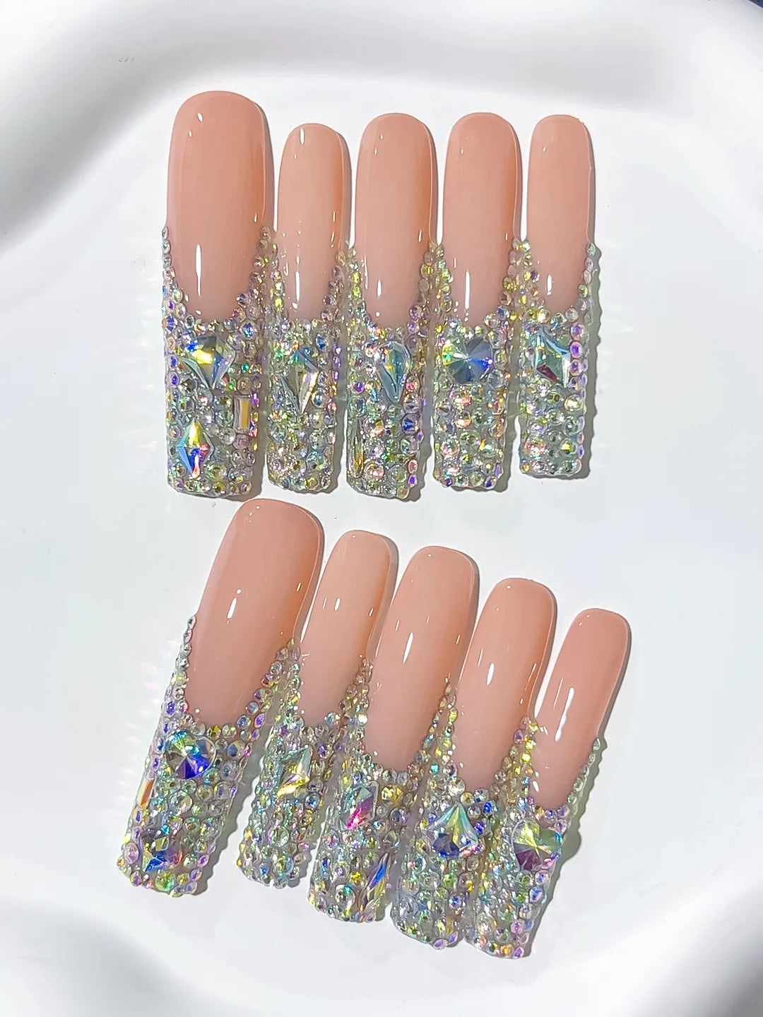 Nude Silver Multicolor Solid color Rhinestone Crystal Cluster press on nails detail view