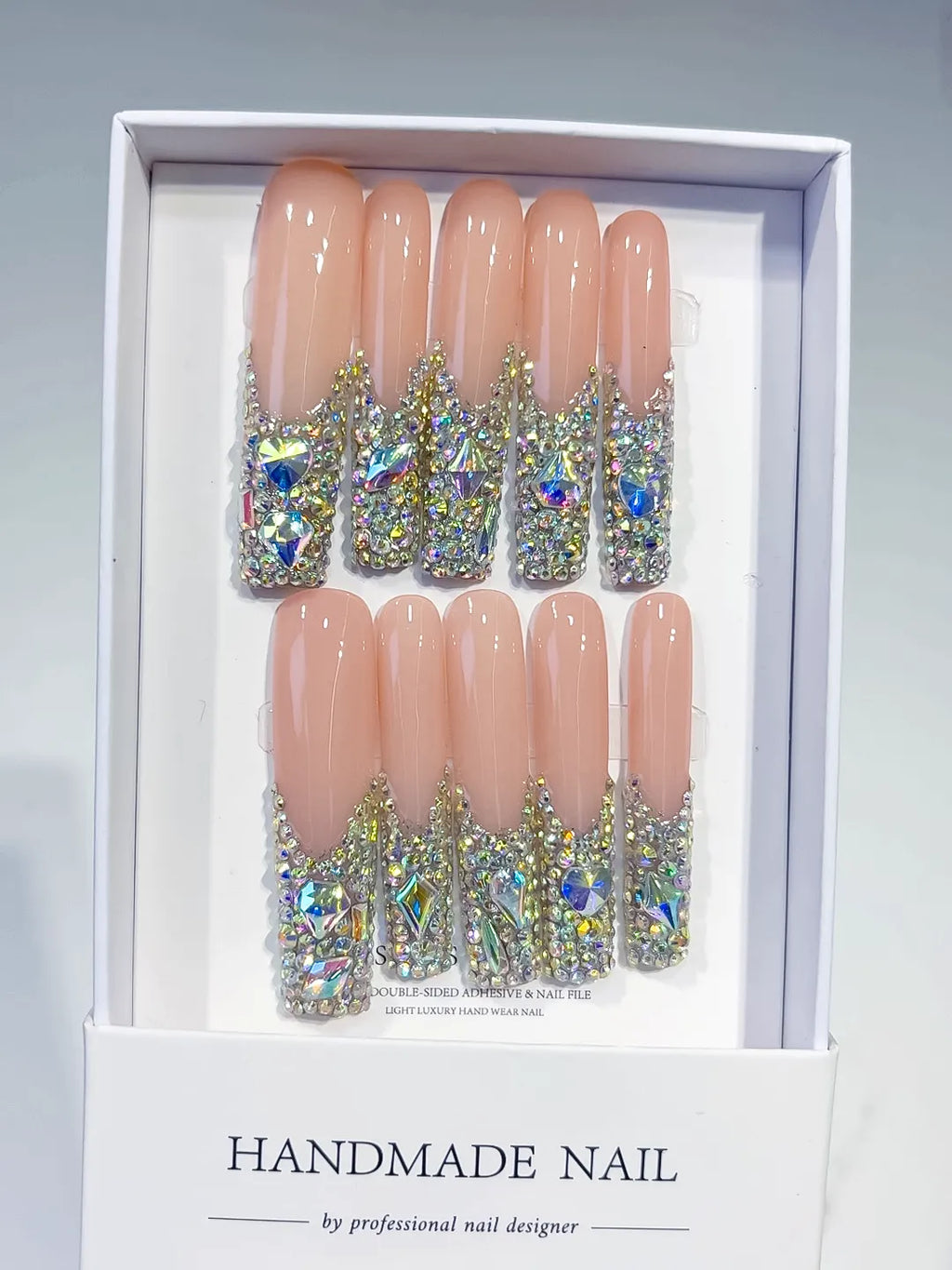 Nude Silver Multicolor Solid color Rhinestone Crystal Cluster press on nails full set view