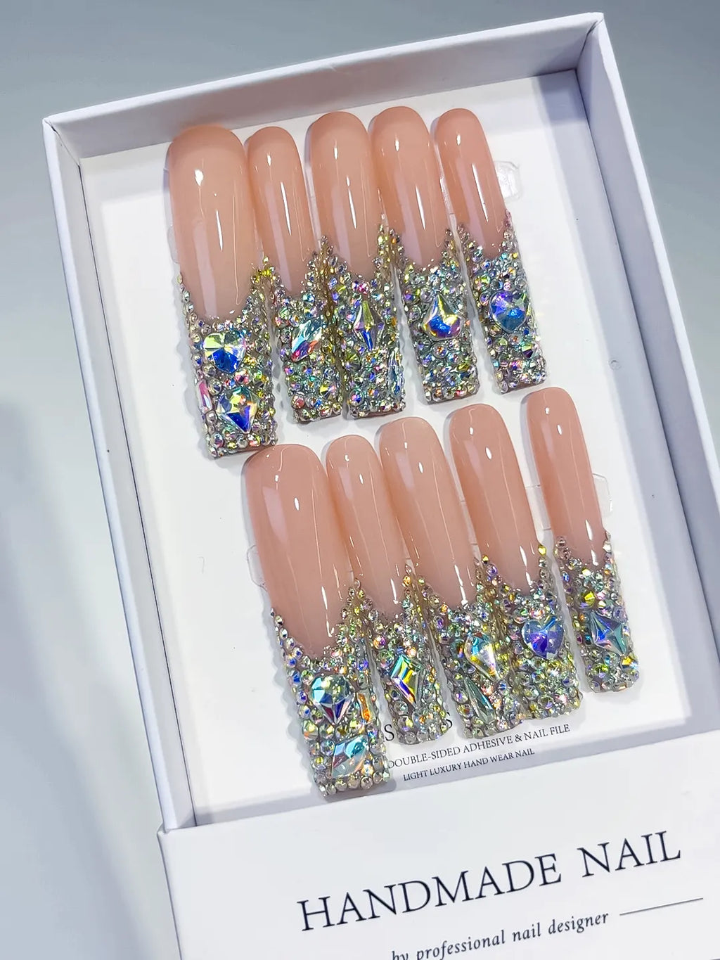 Nude Silver Multicolor Solid color Rhinestone Crystal Cluster press on nails angled view