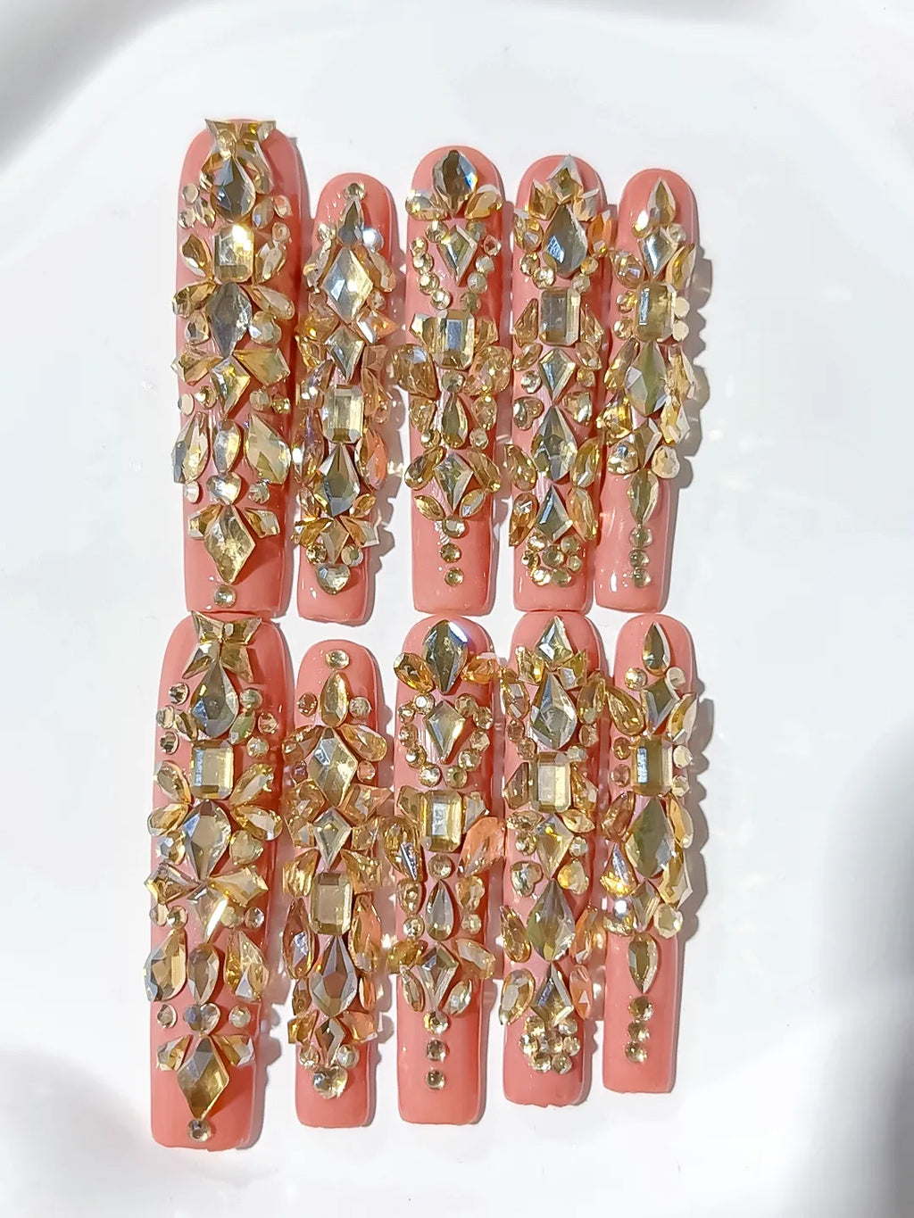 Orange Gold Multicolor Solid color Rhinestone Metallic Accent Crystal Cluster press on nails close up