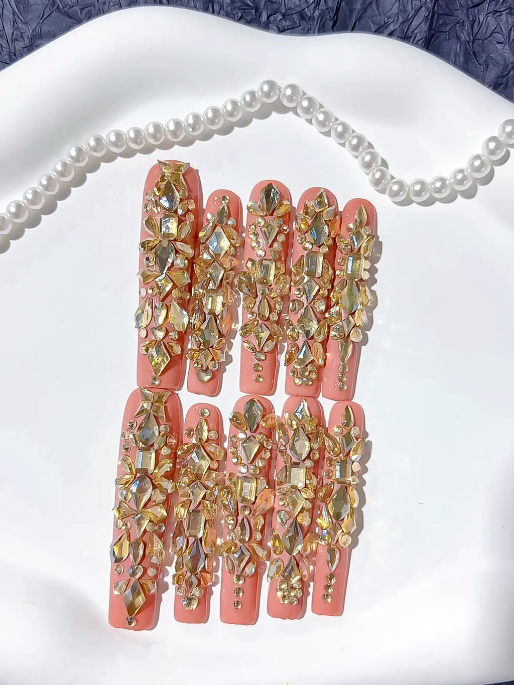 Orange Gold Multicolor Solid color Rhinestone Metallic Accent Crystal Cluster press on nails detail view