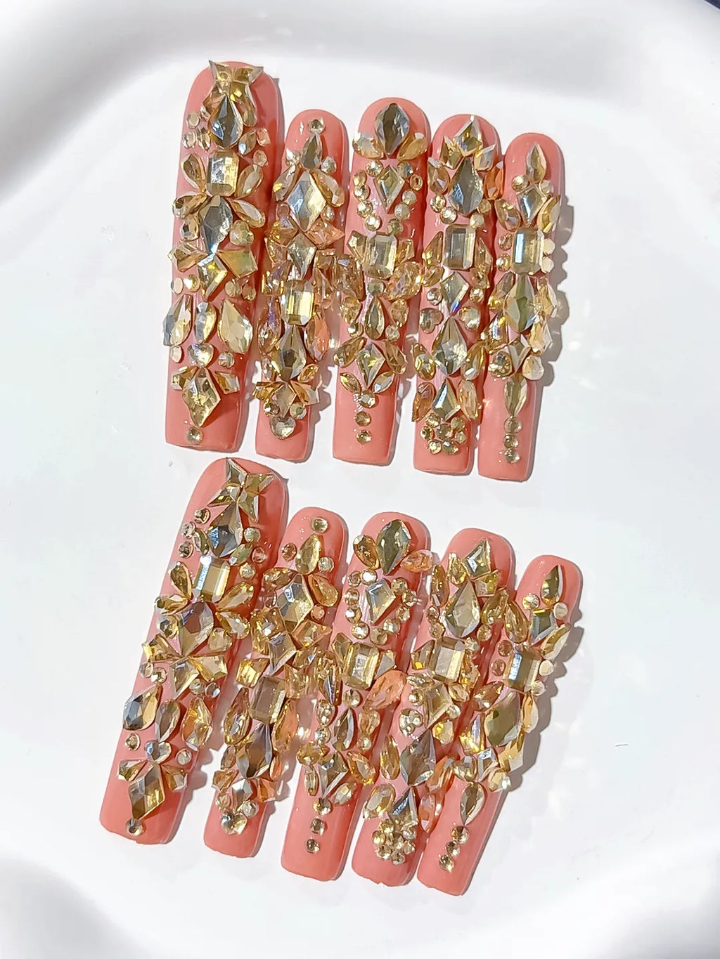Orange Gold Multicolor Solid color Rhinestone Metallic Accent Crystal Cluster press on nails detail view