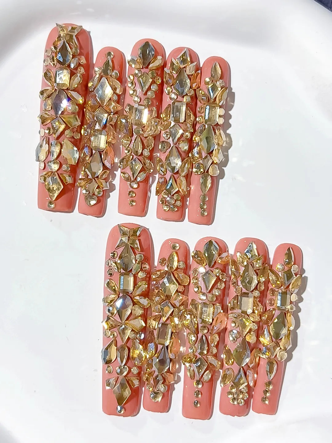Orange Gold Multicolor Solid color Rhinestone Metallic Accent Crystal Cluster press on nails detail view