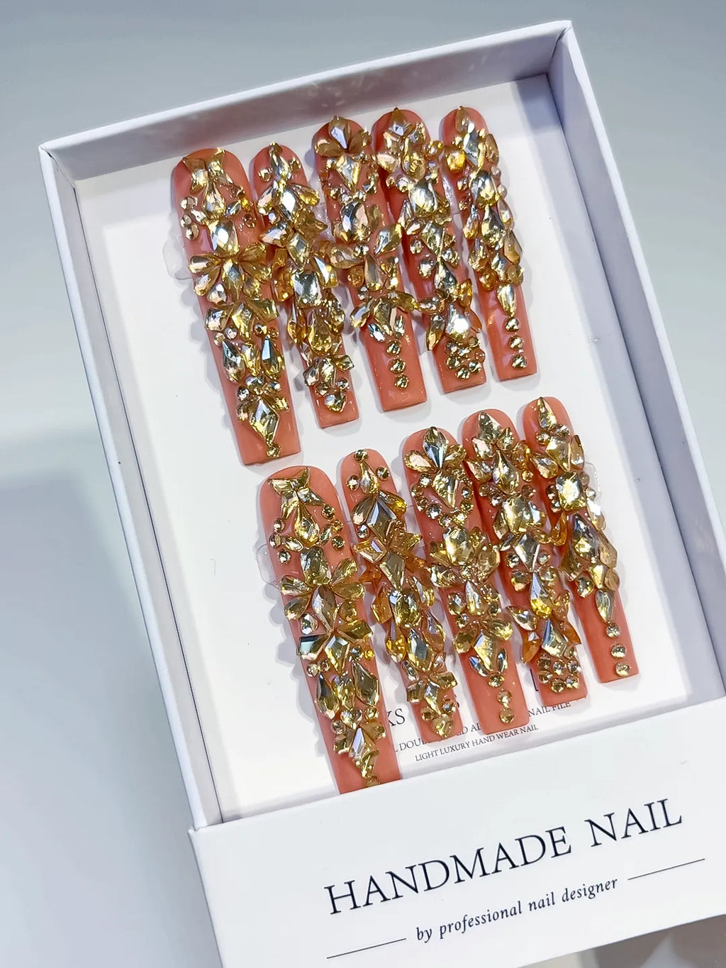 Orange Gold Multicolor Solid color Rhinestone Metallic Accent Crystal Cluster press on nails angled view