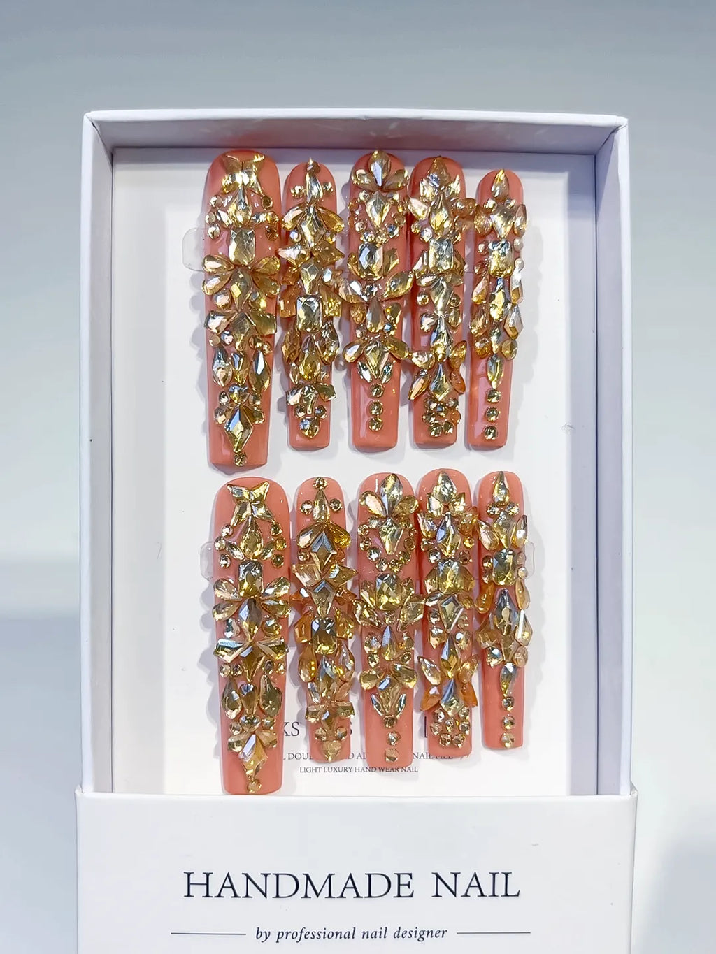 Orange Gold Multicolor Solid color Rhinestone Metallic Accent Crystal Cluster press on nails full set view