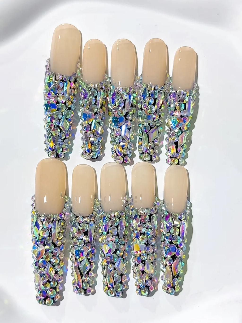 Nude Silver Multicolor Solid color Rhinestone Crystal Cluster press on nails close up