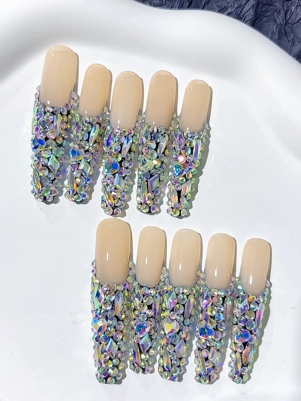Nude Silver Multicolor Solid color Rhinestone Crystal Cluster press on nails detail view