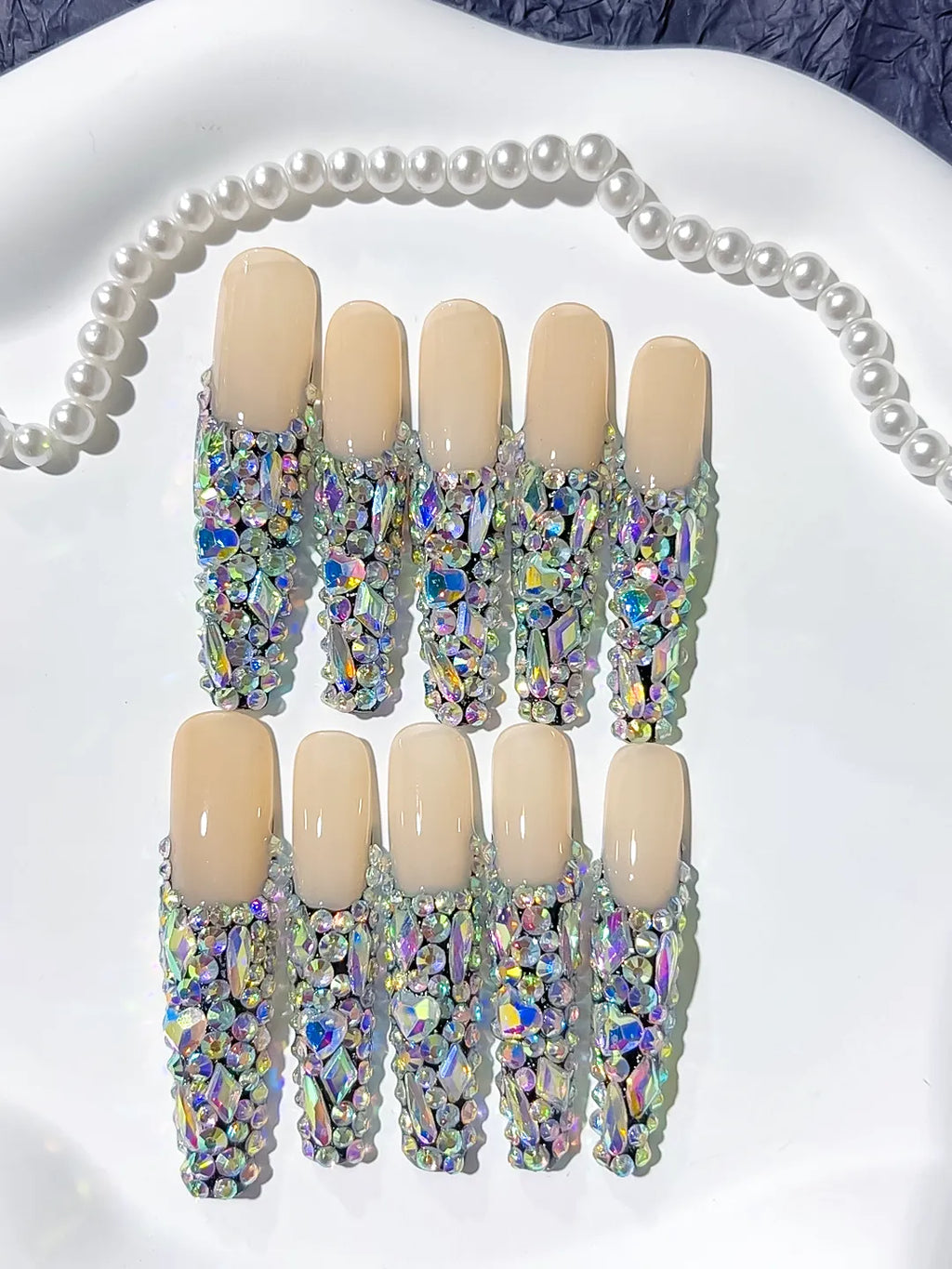 Nude Silver Multicolor Solid color Rhinestone Crystal Cluster press on nails detail view