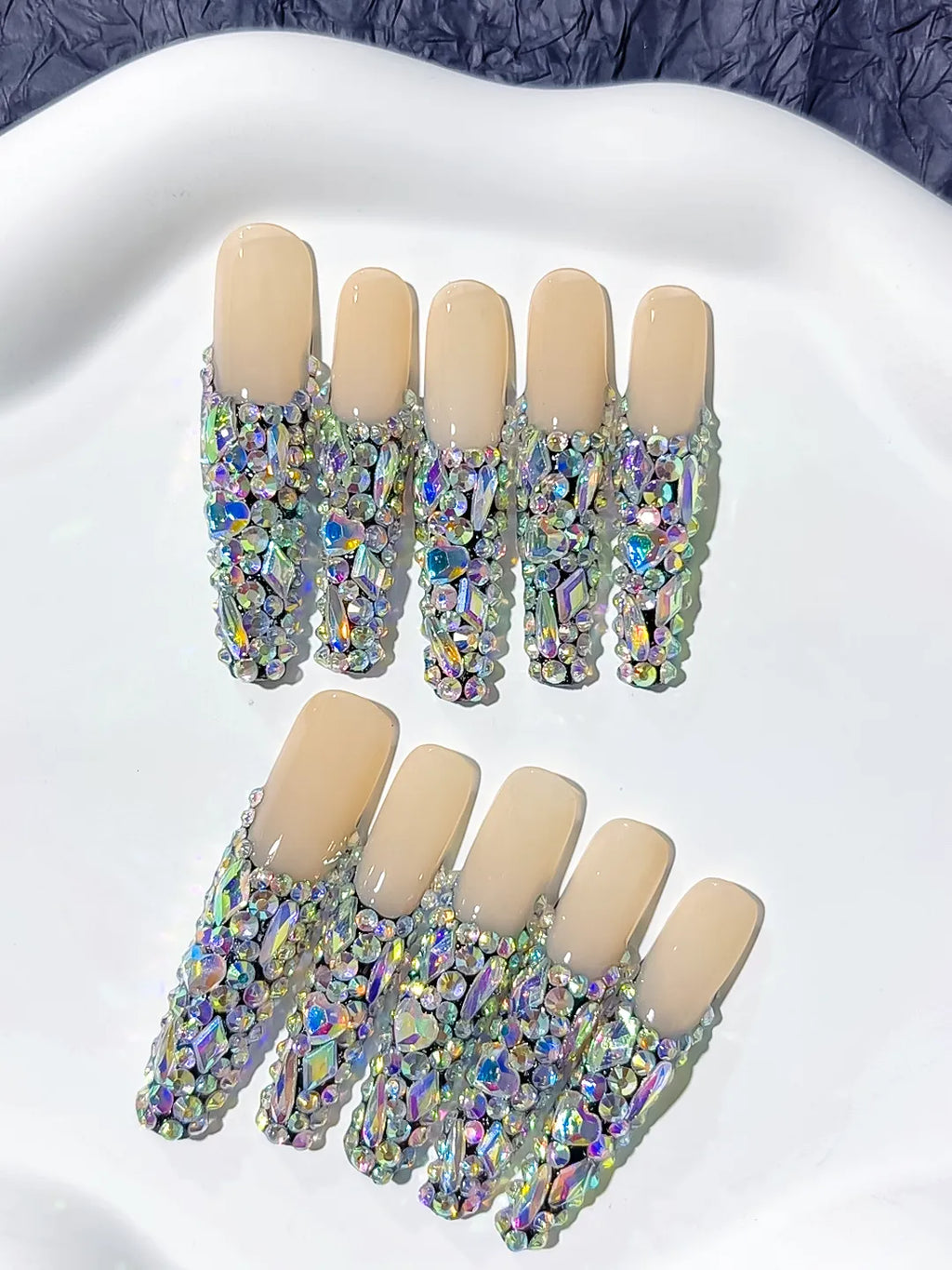 Nude Silver Multicolor Solid color Rhinestone Crystal Cluster press on nails detail view