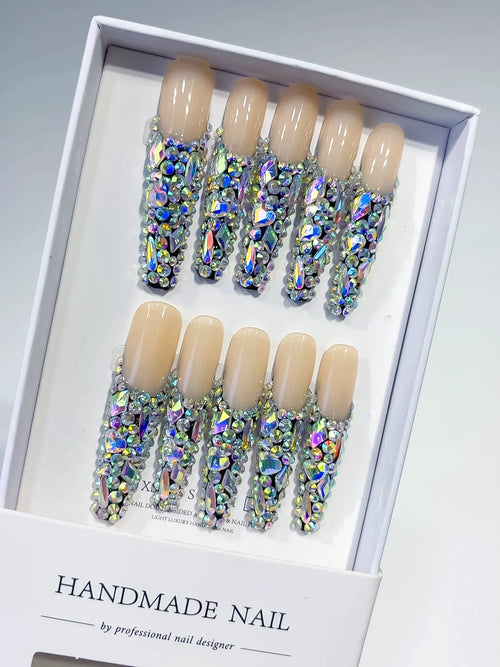 Nude Silver Multicolor Solid color Rhinestone Crystal Cluster press on nails