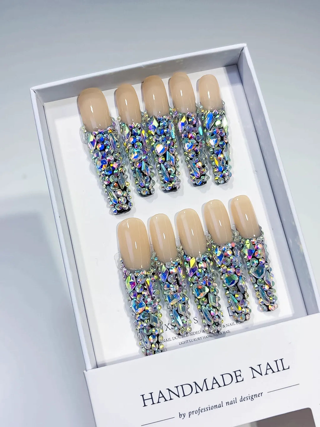 Nude Silver Multicolor Solid color Rhinestone Crystal Cluster press on nails angled view
