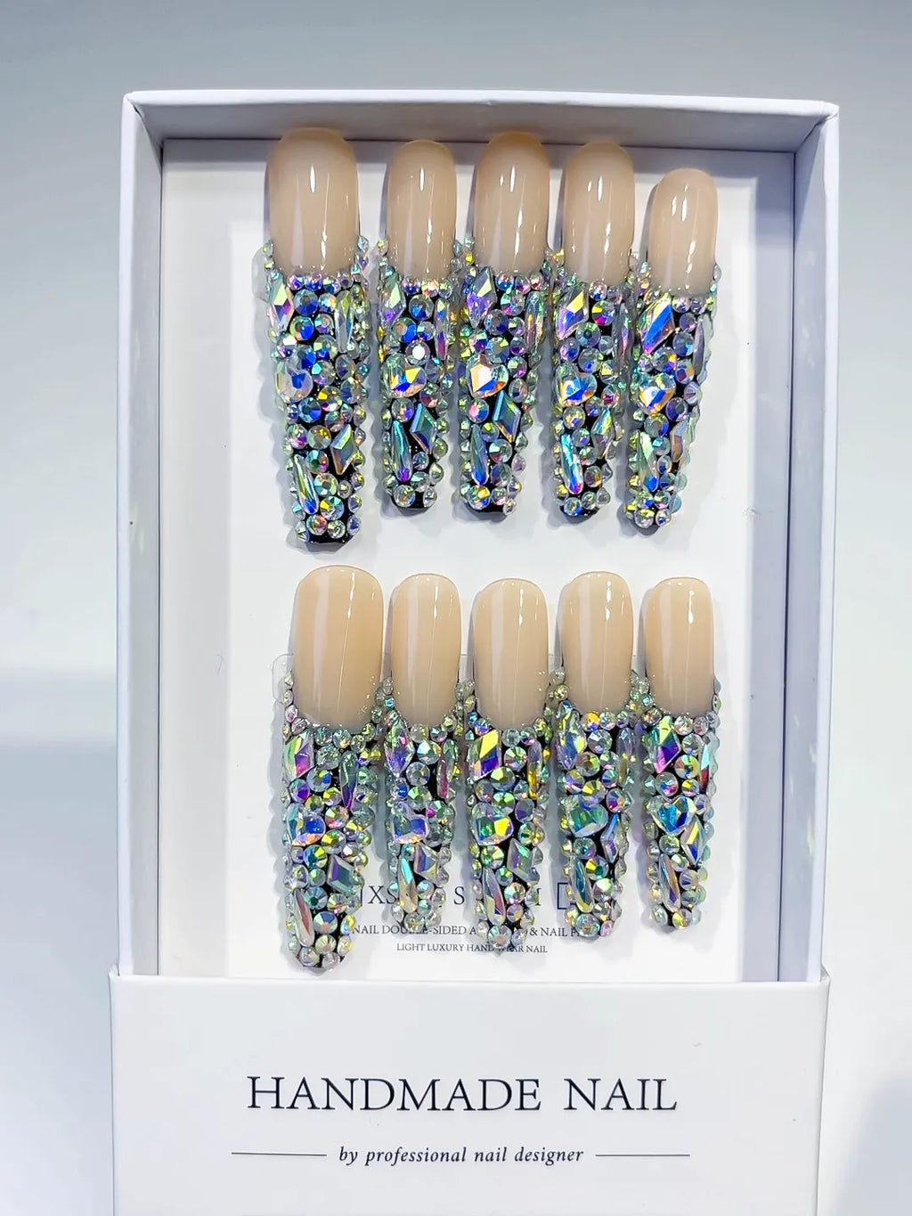 Nude Silver Multicolor Solid color Rhinestone Crystal Cluster press on nails full set view