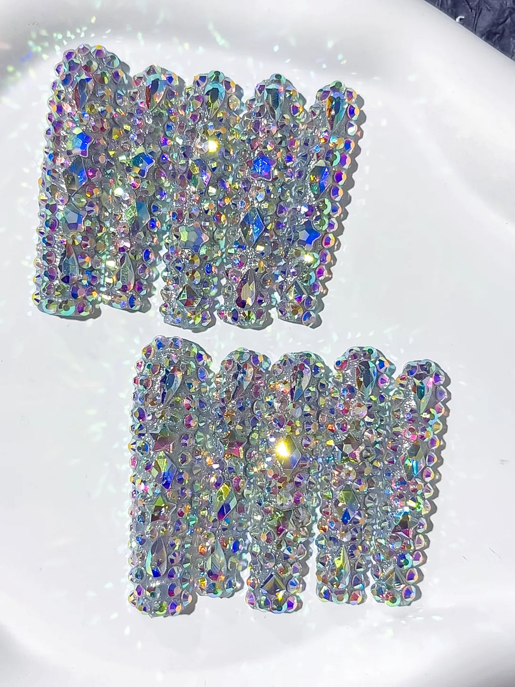 Silver Multicolor Solid color Rhinestone Crystal Cluster press on nails close up