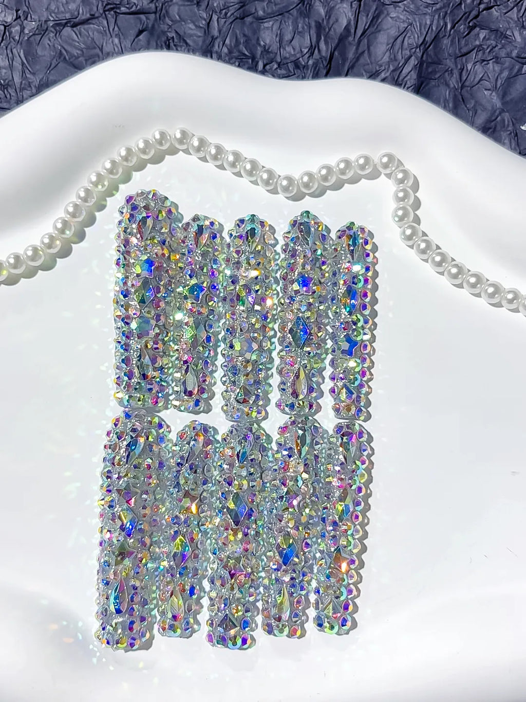 Silver Multicolor Solid color Rhinestone Crystal Cluster press on nails detail view