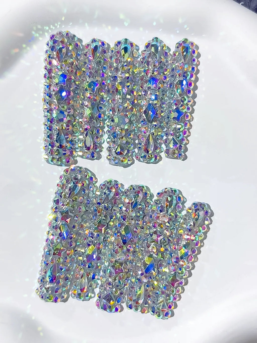 Silver Multicolor Solid color Rhinestone Crystal Cluster press on nails detail view