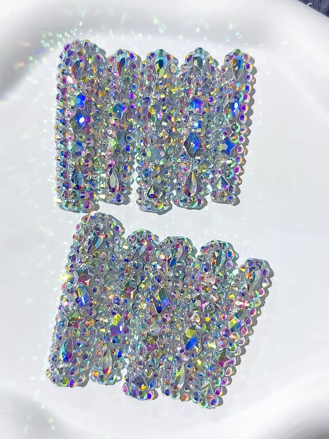 Silver Multicolor Solid color Rhinestone Crystal Cluster press on nails detail view
