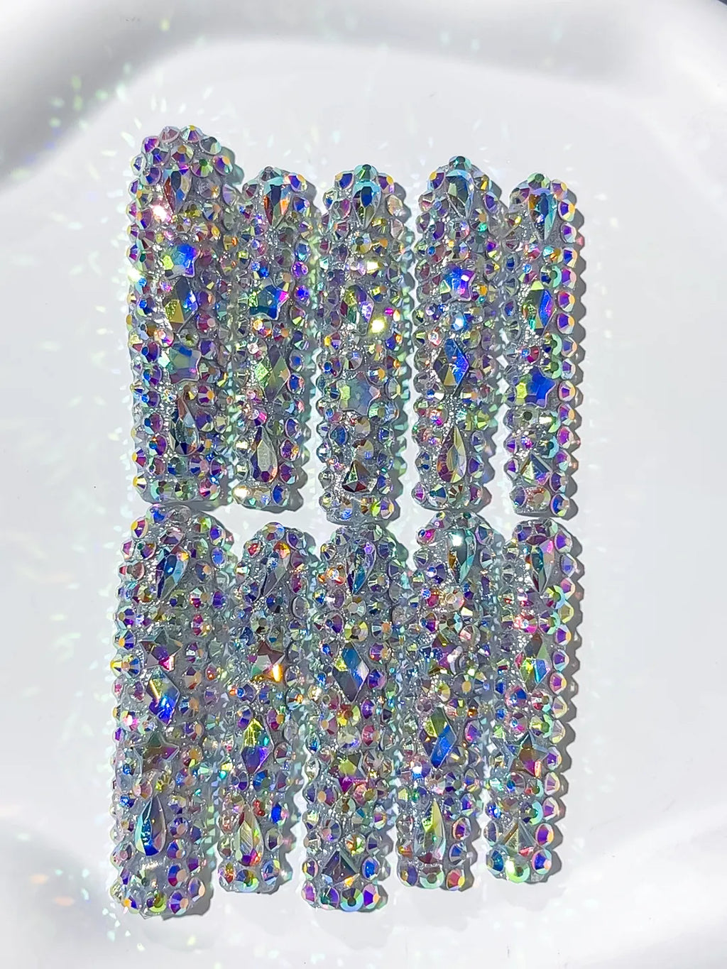 Silver Multicolor Solid color Rhinestone Crystal Cluster press on nails detail view