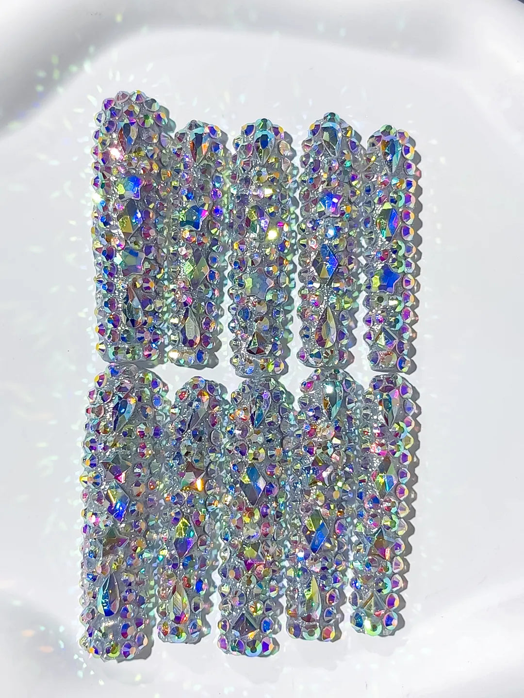 Silver Multicolor Solid color Rhinestone Crystal Cluster press on nails detail view
