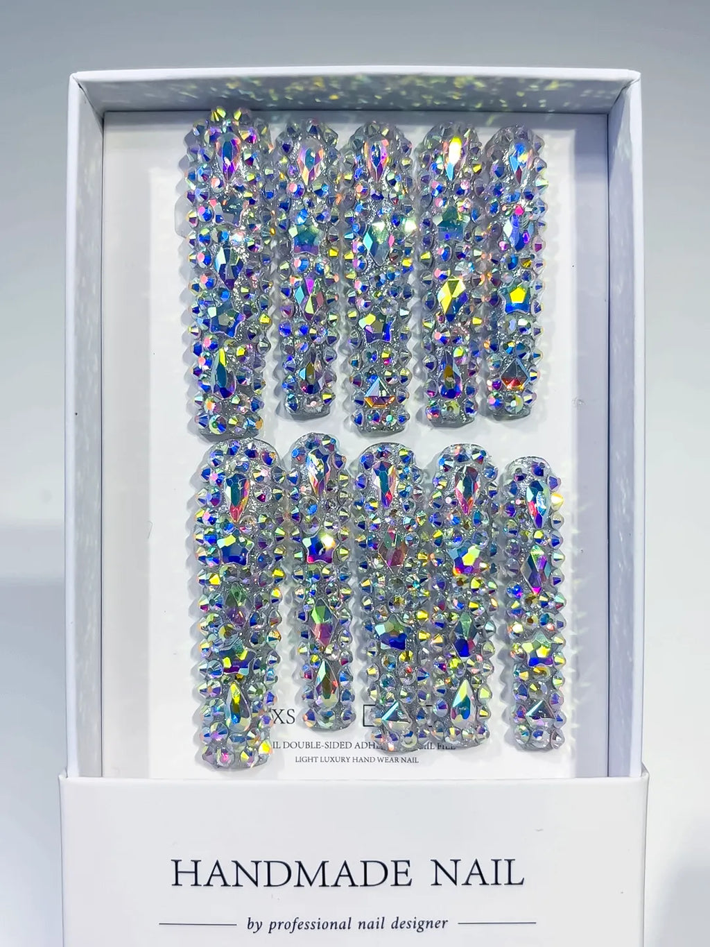 Silver Multicolor Solid color Rhinestone Crystal Cluster press on nails full set view
