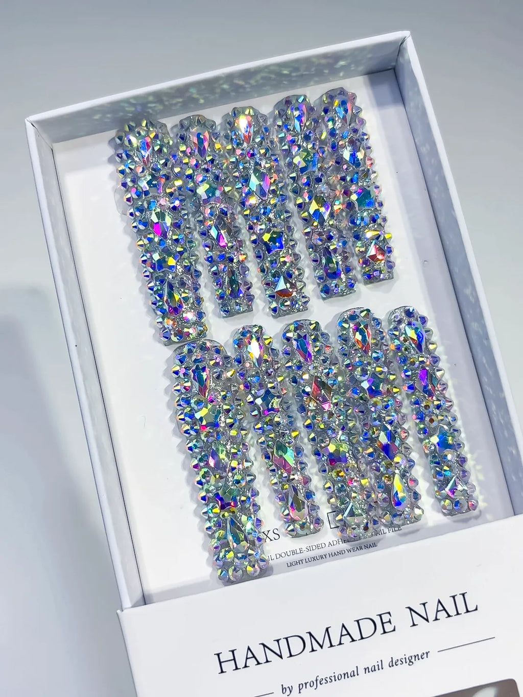 Silver Multicolor Solid color Rhinestone Crystal Cluster press on nails angled view
